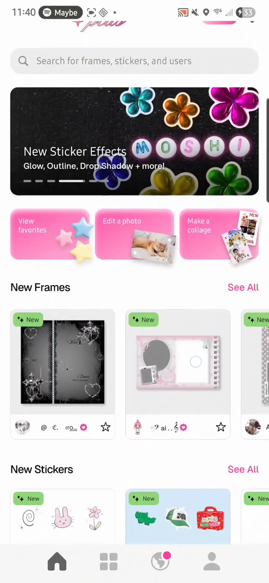 Moshicam frames and stickers discovery screen